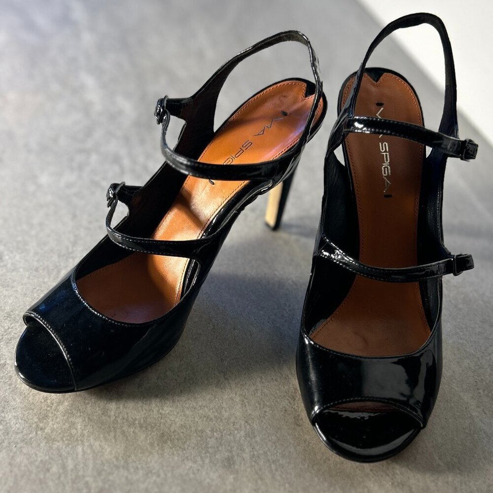 Via Spiga SZ8.5 Rosanne Black Patent Leather Mary Jane Heels Dressy Office Old $ - Picture 7 of 11